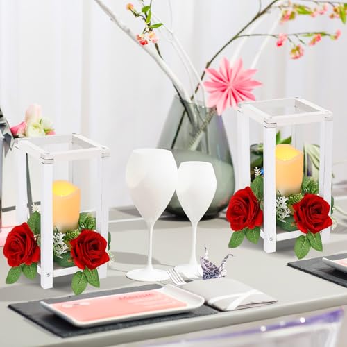 Hushee 30 Pcs Wooden Wedding Lantern Centerpiece, Red Rose, White - color: White and Red, size: 10.6 x 5.5 x 5.5 inches