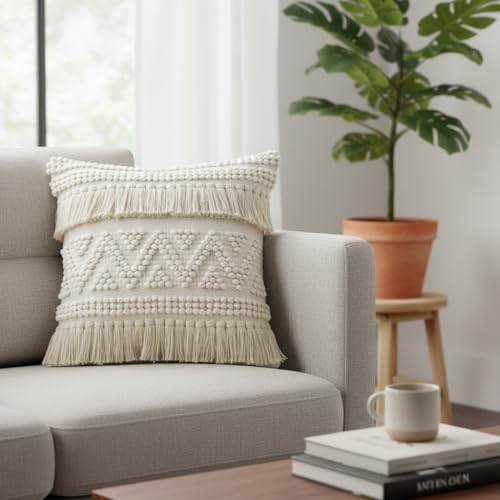 · REDEARTH · Textured Handwoven Throw Pillow Cases - Earthy Fringe Natural - color: Earthy Fringe Natural, size: 18" x 18" (Pack of 2)