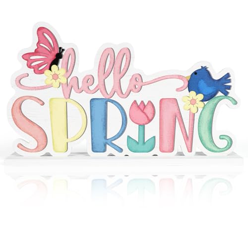 Hello Spring Sign Table Decor, Farmhouse Wooden Spring Decorations for Home, Table Centerpiece Standing Decor for Shelf Tabletop Fireplace Mantel Office Desk (Multicolor) - color: Multicolor