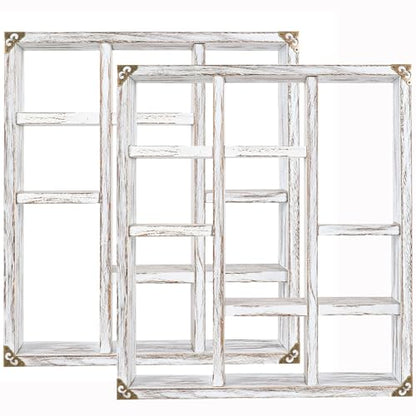 17.7x15.7-Inch Shadow Box Shelf 9-Slot Rustic Wood Floating Shelves Larger Shelf Lightweight Solid Wood Display(Set of 2,9C-Rustic White) - color: 9c-rustic White, size: 2 PCS