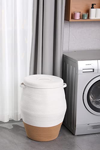 26"x20" Handcrafted Tall Cotton Rope Basket with Lid, Stylish Flagon Shape with Cover, Clothes Hamper with Top, for Bedroom and Living Room, White/Camel Bottom - color: White/Camel Bottom