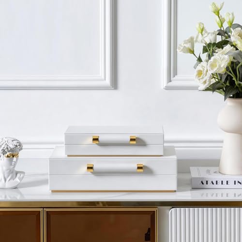 Decorative Storage Boxes with Lids for Home Decor Set of 2 - Large White PU Leather Memory Box for Keepsakes, 8 Necklace Hooks & Elastic Pocket, Floating Base with Gold Handles, Photo & Modern Jewelry