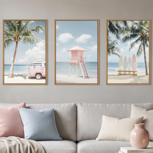 Celestdeco Beach Coastal Seascape Framed Canvas Wall Art Set-16"x24"x3 - color: Beach Seascape Wall Art, size: 16"L x 24"W