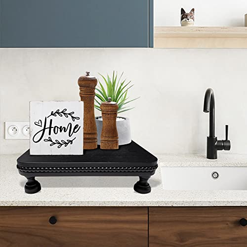 dwellington Farmhouse Display Wood Riser, 12" Decorative Black Beaded Pedestal Stand, Square Tiered Tray Decor for Kitcher Decor, Countertop