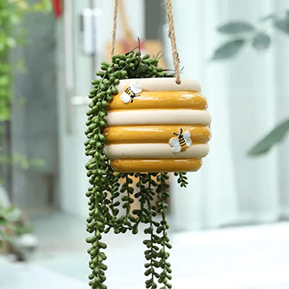 Hanging Ceramic Planter 5 Inch Cute Bee Plant Pots - color: Yellow