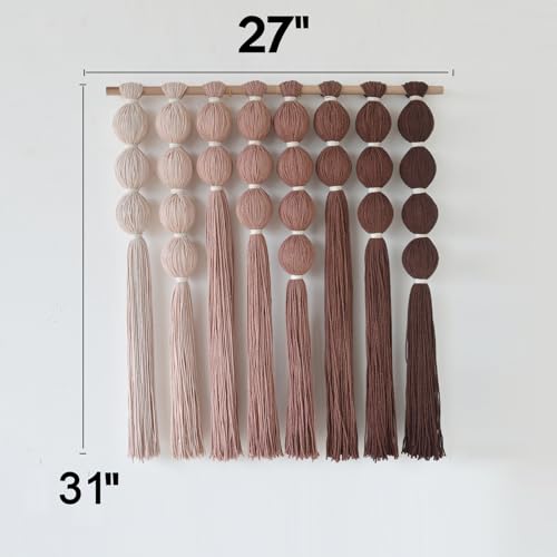 Macrame Wall Hanging Dip Dyed Red Yarn Balls Tassel Boho Decor 27"W*31"L - color: Brown Red