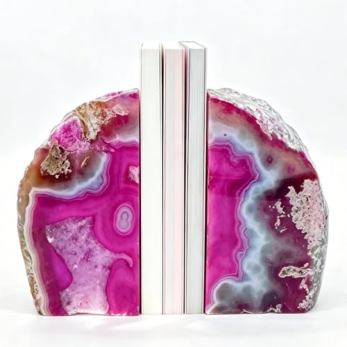 Agate Bookends Pair - Natural Geode Style, Dyed Pink 3-4 lbs Heavy Duty with Rubber Bumpers | Non-Slip Crystal Bookends for Heavy Books | Unique Home Decor - color: Pink, size: 3-4LBS