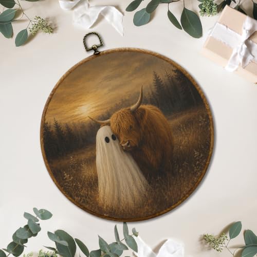 JUIOEIU Fall Halloween Ghost Highland Cow Round Wall Decor 995 - color: Ghost Highland Cow
