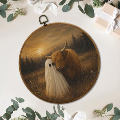 JUIOEIU Fall Halloween Ghost Highland Cow Round Wall Decor 995 - color: Ghost Highland Cow
