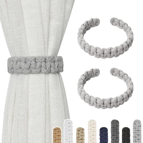 NICEEC 2 Pack Natural Cotton Rope Curtain Tiebacks Farmhouse Rustic Style Decorative Drape Tie Backs Handmade Braided Curtain Holdbacks for Home & Office Sheer/Light Weight Drapery (C-Light Grey-S) - color: Light Grey-small, size: 2 Pack