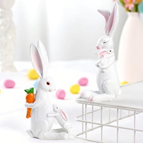 YANGMEI White Resin Easter Rabbit Statue, Snuggling Bunnies with Carrot Easter Figurine, Spring Holiday Tabletop Home Garden Decoratio - color: A