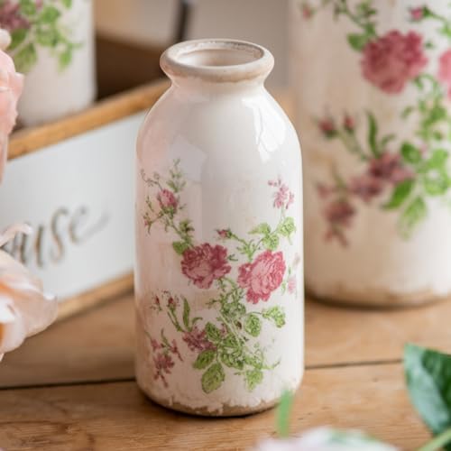 Ceramic Rustic Farmhouse Vase, Distressed Flower Vase for Home Decor, Ideal Shelf Decor, Boho Vase for Living Room Bedroom Kitchen Office Decor Centerpiece Table Decorations (6 inches) - color: Pink Flora, size: 6 Inch