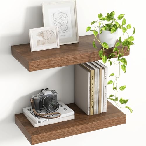 Acovy 16 Inch Floating Shelves, 8 Inch Deep Floating Shelves for Wall, Hanging Shelf with Invisible Brackets, Deep Shelves for Bathroom, Bedroom, Living Room, Walnut, Set of 2 - color: Walnut, size: 8"Wx16"L-2pcs