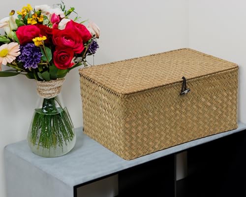 Seagrass Wicker Storage Basket with Lid, X-Large, Natural - color: Natural, size: 14.3" x 9.4" x 6.9"