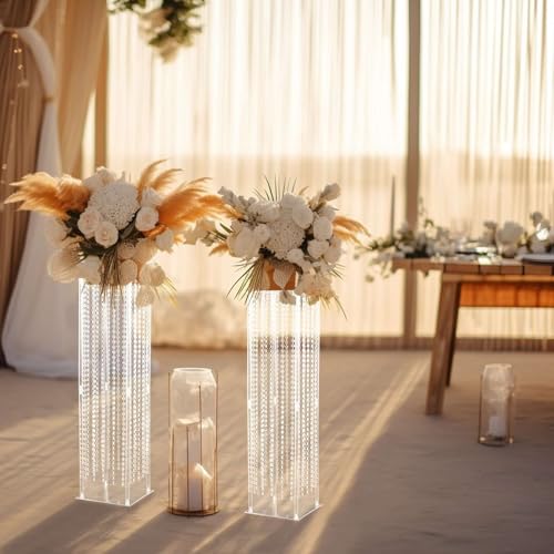 Efavormart 40" Heavy Duty Acrylic Flower Pedestal Vase with Hanging Crystal Beads, Clear Pillar Stand Wedding Table Centerpieces with Pre-Chained Garlands - 5mm Thick Plates - size: 11"W x 40"H