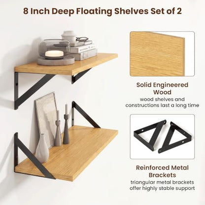 Axeman 18 Inch Floating Shelves, 8 Inch Deep Oak Wall Shelves Set of 2 - color: Oak, size: 18 Inch