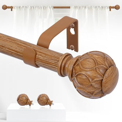 TANGWIN Wood Curtain Rods for Windows 28 to 48 Inch(2.3-4Ft),1 Inch Adjustable Curtain Rod,Heavy Duty Curtain Rods,Wooden Netted Texture Finial Drapery Rods,Single Window Curtain Rod 18-45",Brown Wood - color: Wood, size: 18-45" & 1pack
