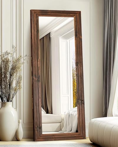 65x24in Full Length Mirror, 3-Tier Stepped Solid Wood Frame, Brown - color: Brown, size: 65"L x 24"W