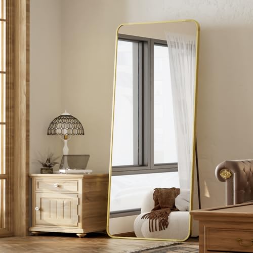 BEAUTYPEAK 65" x 24" Rounded Corner Full Length Mirror with Stand, Gold - color: Gold, size: 65"L x 24"W