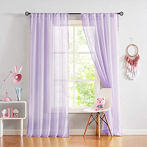 Pompom Sheer Curtain Panels for Living Room Girl's Nursery 52"x108" Lilac - color: Lilac, size: 52"W x 108"L (Pack of 2)