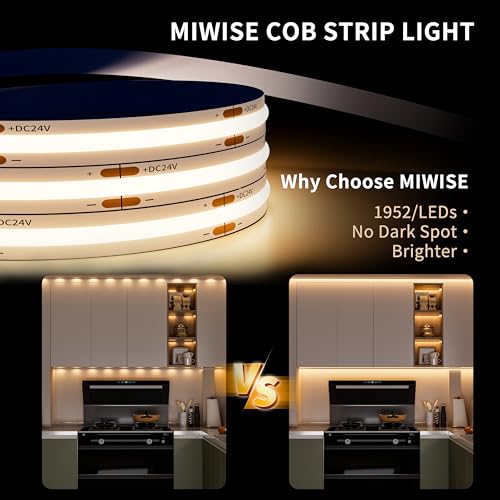 MIWISE COB LED Strip Light 20ft/6.1m,CRI 90+ Warm White 3000K High Lumen Dimmable Super Bright Flexible DC24V LED Tape Light with Controller/Dimmer,for Cabinet Home Office DIY Lighting Projects - color: 3000K, size: 20 ft
