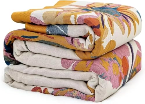Boho Throw Blanket for Bed 100% Cotton Bohemian Blankets Ultra Soft Woven Muslin Decorative Blankets All Seasons Vintage Quilt Knitted Blanket for Sofa Chair(Yellow, 90"x98") - color: B-yellow, size: 90"x98"