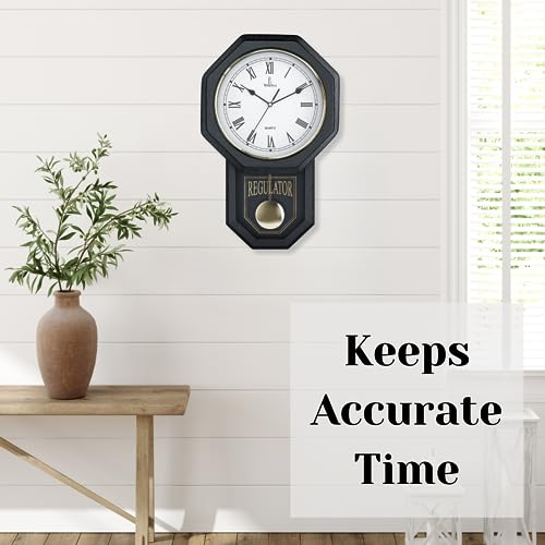 Pendulum Wall Clock, Real Wood Regulator Clock, Black, Quiet Non-Chiming - color: Black