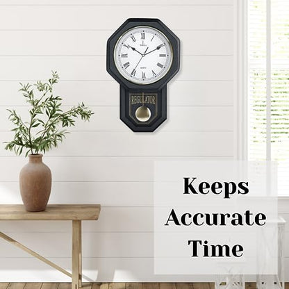 Pendulum Wall Clock, Real Wood Regulator Clock, Black, Quiet Non-Chiming - color: Black