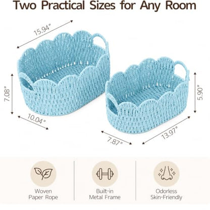 Endymion Set of 2 Paper Rope Scalloped Basket, Wicker Storage Baskets Blue - color: Blue