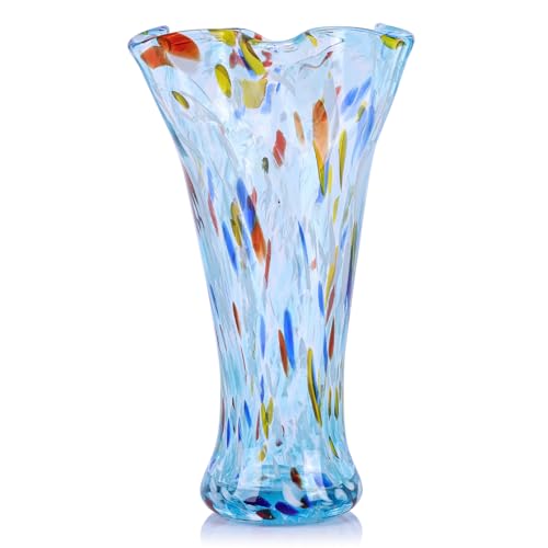 9.0" H Aqua Blue Glass Vases for Flower, Unique Hand Blown Glass Vase - color: Aqua