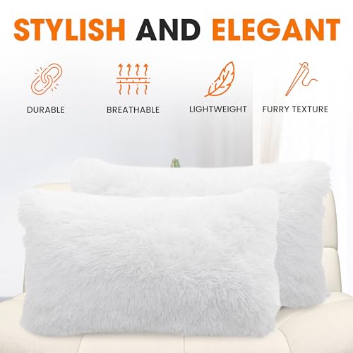 Cheer Collection Throw Pillows for Couch and Bed, Soft Shaggy Throw Pillows with Inserts Included, Cozy Long Hair Faux Fur Pillows - Set of 2-12" x 20" - White - color: White, size: 12" x 20"