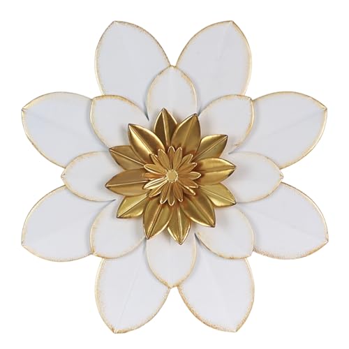 hogardeck Metal Flower Wall Decor, 16" White Gold Floral Metal Wall Art for Indoor Outdoor, Boho Farmhouse Modern Wall Decor for Bathroom, Living Room, Kitchen, Bedroom, Porch, Garden, Yard - color: White Gold