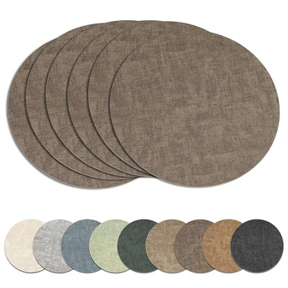 13" Round Placemats Set of 6, Reversible Faux Leather Wipeable Table Mats - color: Dark Coffee