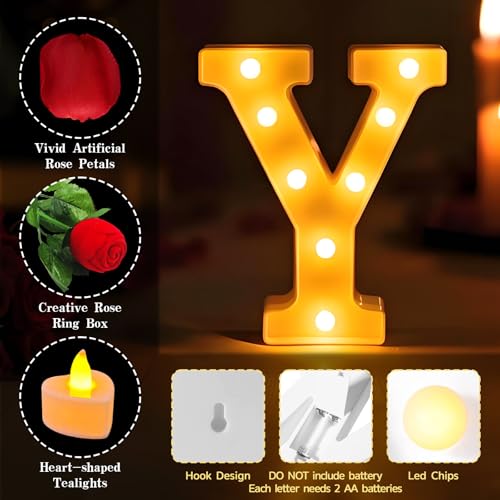 Marry Me Light Up Letters, with 30 Tea Lights Candles, Rose Petals, Aluminum Balloons, Balloons, Red Carpet, Rose Ring Box, Double Sided Tape, Valentine's Day Proposal Engagement Wedding Decorations - color: MARRY ME - Large