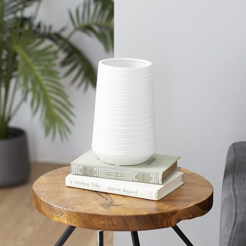 CosmoLiving by Cosmopolitan Porcelain Ceramic Decorative Vase Ribbed Centerpiece Vase, Flower Vase for Home Decoration 5" x 5" x 9", White