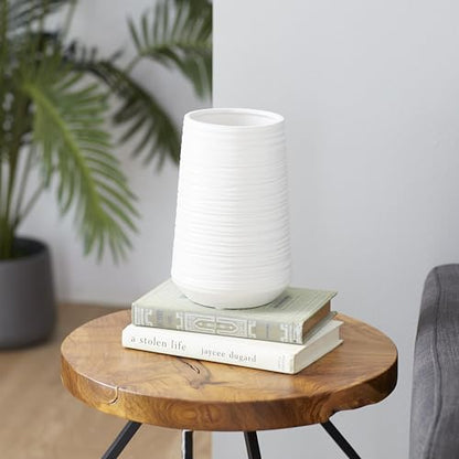 CosmoLiving by Cosmopolitan Porcelain Ceramic Decorative Vase Ribbed Centerpiece Vase, Flower Vase for Home Decoration 5" x 5" x 9", White