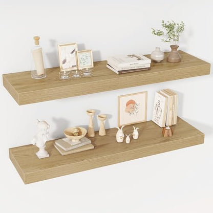 Acovy 40 Inch Floating Shelves, 12" Deep Floating Shelf Wall Mounted, 40" Wall Shelves, Rustic Deep Bookshelf, Extra Deeper & Thicker Display Shelves for Bedroom, Living Room, Oak, Set of 2 - color: Oak, size: 12"Wx40"L-2pcs