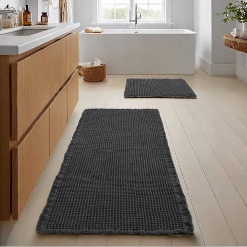 JIUZHEN Set of 2 Waffle Bathroom Rugs Non Slip Bath Mats, 16"x24"+24"x60" - color: Black, size: 16"x24" + 24"x60"