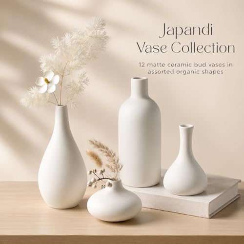 Set of 12 White Ceramic Vase for Pampas Grass Flowers, Japandi Small Vases in Bulk for Wedding Centerpieces, Shelf and Table Decorations, Living Room and Bedroom Decor, DIY Gift - size: Set of 12
