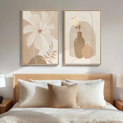 Large Framed Neutral Beige Boho Abstract Floral Wall Art Bedroom, Set of 2 - color: Neutral Beige, size: 20" W x 30" H x 2Pcs