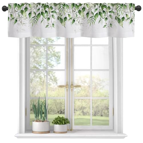 Valances Curtains for Windows, Green Branches and Leaves Semi Sheer Curtain Valances,Rod Pocket Short Window Treatment Light Filtering Decor Valances for Kitchen Living Room Bedroom Windows - 42"x12" - color: Green Leaves, size: 12"W x 42"L (Pack of 1)