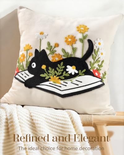 Animal Embroidered Throw Pillow Cover 20x20 Inch, Cat Floral - color: Cat Book, size: 20" x 20" (Pack of 1)