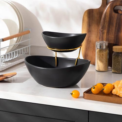 MALACASA 2 Tier Chip and Dip Serving Set with Metal Stand,Ceramic Appetizer Bowls for Party, Multi-Use Food Display for Fruits, Snacks,Black Elegant Tiered Serving Dishes for Party - color: Black