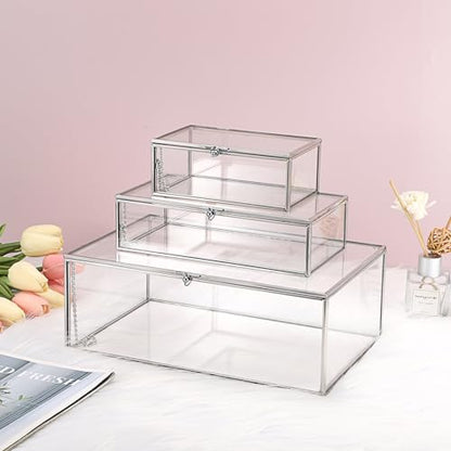 Hipiwe Glass Keepsake Display Box Large Clear Jewelry Lidded Boxes with Lid - color: Silver, size: Large