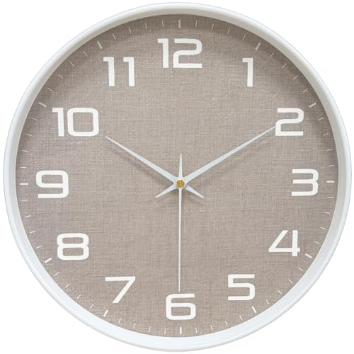 8 Inch Modern Wall Clocks Battery Operated - Silent Non Ticking Quartz Analog Clock with Large Numbers Burlap Texture, Digital Wall Clock for Bedroom Living Room Kitchen Office Gym, White - color: White Brown, size: 8 Inch