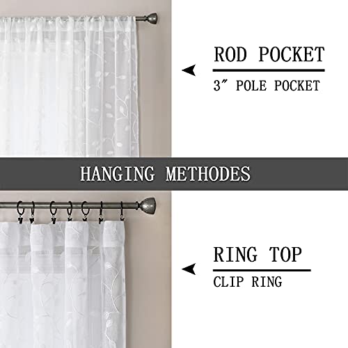 Tollpiz Leaves Sheer Tier Curtain White Leaf Embroidery Kitchen Half Curtains Rod Pocket Voile Faux Linen Embroidered Leaves Curtain for Bathroom, 30 x 36 inches Long, Set of 2 Panels - color: White, size: 30"W x 36"L (Pack of 2)