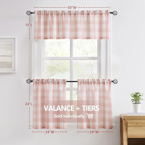 Blush Buffalo Check Kitchen Tier Curtains 36" Country Plaid Semi Sheer Pink - color: Blush Pink and White, size: 24"W x 36"L (Pack of 2)