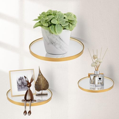 ZEXUIRU 3 Set Metal Glass Shelf for Wall Decor Bathroom Living Room Bedroom Kitchen Metal Mixed-Size, Decorative Glass Floating Wall-Mounted Tempered Shelf Rack Holder -Gold 7.8in/5.9in/3.9in - color: Gold, size: 8 inch