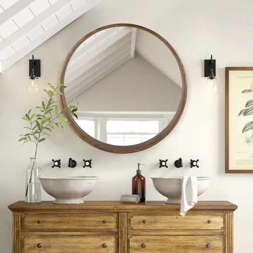 Round Oak Solid Wood Mirror, 24-Inch, Walnut Narrow-Top Wide-Bottom Frame, Modern Decorative Makeup Mirror for Bathroom, Bedroom, Living Room(Walnut, 24" x 24") - color: Walnut(wide-bottom)
