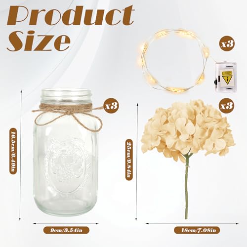 Set of 3 Mason Jar Lights, Champagne Hydrangea Holiday Table Decor - color: Jar-champagne Hydrangea